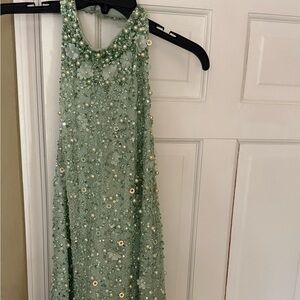 Adrianna Papell Green Embellished Halter Neck sleeveless Dress.